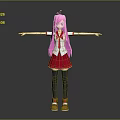 Game Movie Character With Pink Long Hair White Top Red Skirt Black Stockings And Yellow Shoes