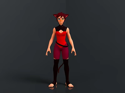 3D Character Model With Cat Ears Red Hair Red Top Purple Pants Tail And Barefoot 3d model