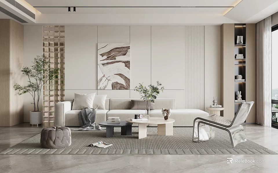 Modern Living Room Interior With Large Sofa Throw Pillows Potted Plants And Decorative Painting 3d model 