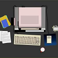 Vintage Computer Office Setup With Monitor Keyboard Printer Books And Accessories
