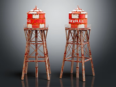 Red Daville Water Towers With Rustic Metal Frame And Vintage Design 3d model