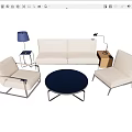 Modern White Sofa and Black Round Coffee Table with Two Armchairs Side Tables and Lamps