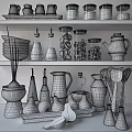 Wooden Kitchen Utensils And Teapot Organized On Shelves With Containers Bottles Fresh Pears