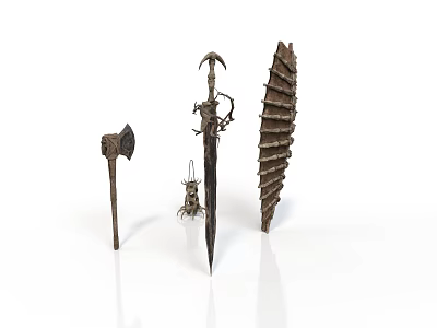 Ancient Metal Weapons Collection Featuring Axe Decorative Sword And Leaf Shaped Blade On White Background 3d model