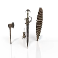 Ancient Metal Weapons Collection Featuring Axe Decorative Sword And Leaf Shaped Blade On White Background
