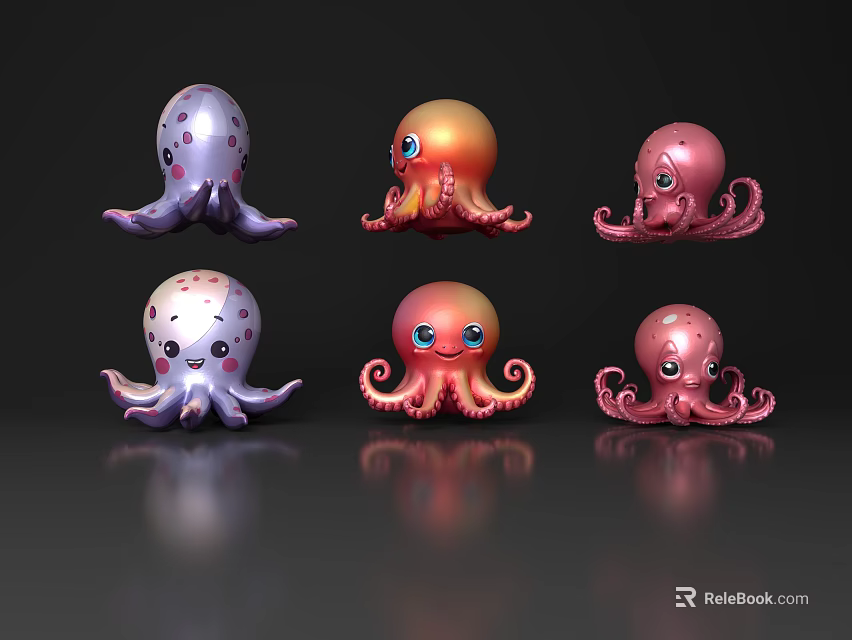 Six Cute Cartoon Octopus Characters With Colorful Bodies Big Eyes And Smiling Faces 3d model 