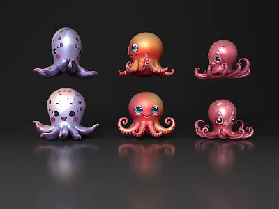 Six Cute Cartoon Octopus Characters With Colorful Bodies Big Eyes And Smiling Faces 3d model