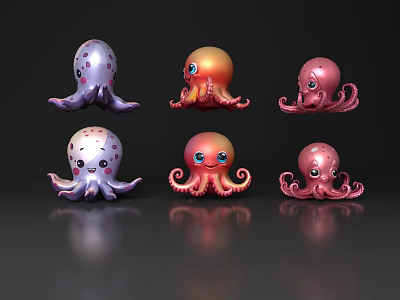 Six Cute Cartoon Octopus Characters With Colorful Bodies Big Eyes And Smiling Faces 3d model