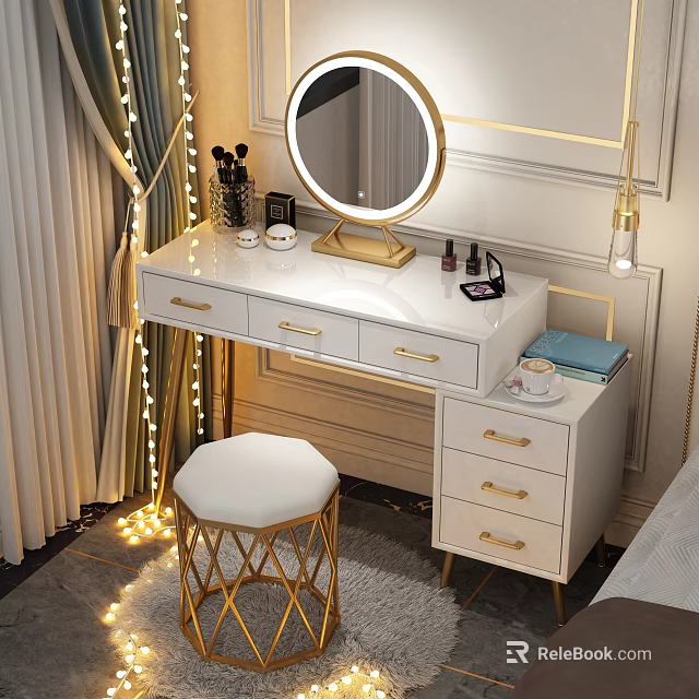 White Dressing Table With Gold Round Mirror Drawers Cosmetics And Stool 3d model 