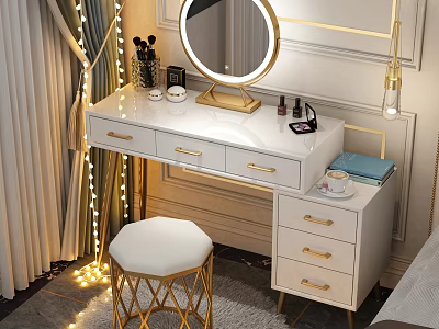 White Dressing Table With Gold Round Mirror Drawers Cosmetics And Stool 3d model