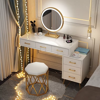 White Dressing Table With Gold Round Mirror Drawers Cosmetics And Stool 3d model