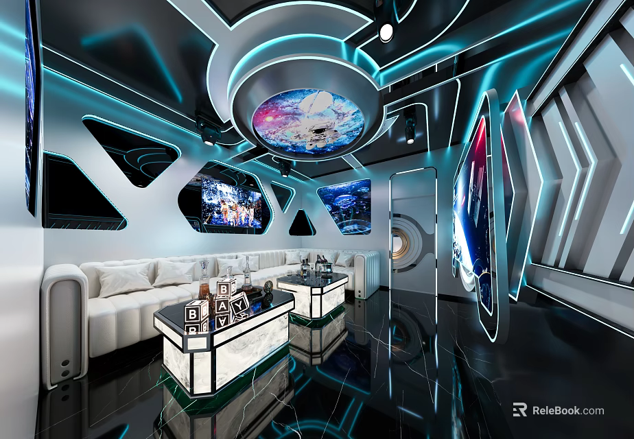 Modern Hi-Tech KTV Interior With Blue Lighting Sofas Coffee Tables Screens And Circular Ceiling Decor 3d model 