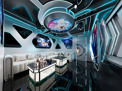 Modern Hi-Tech KTV Interior With Blue Lighting Sofas Coffee Tables Screens And Circular Ceiling Decor 3d model