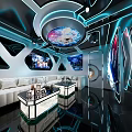 Modern Hi-Tech KTV Interior With Blue Lighting Sofas Coffee Tables Screens And Circular Ceiling Decor 3d model