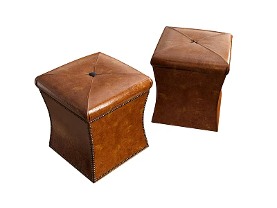 Two Square Brown Leather Stools With Detailed Stitching And Central Stud Design 3d model
