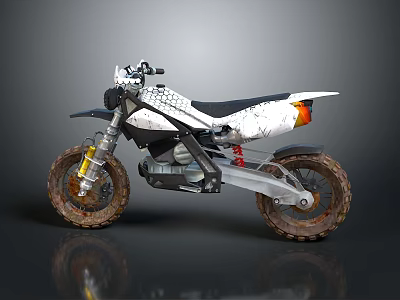 Modern Off Road Motorcycle With White Silver Body Black Seat And Muddy Tires 3d model