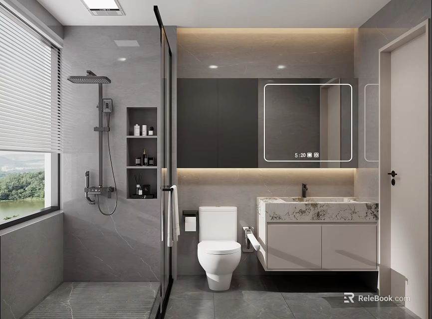 Modern Minimalist Gray Bathroom Design With Smart LED Mirror Marble Vanity And Glass Shower Partition 3d model 