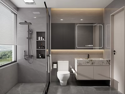 Modern Minimalist Gray Bathroom Design With Smart LED Mirror Marble Vanity And Glass Shower Partition 3d model