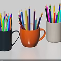 Three Various Colored Cups Filled with Assorted Colored Pencils on White Background