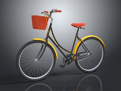 Vintage Bicycle With Black Frame Yellow Fenders Red Seat And Basket 3d model