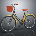 Vintage Bicycle With Black Frame Yellow Fenders Red Seat And Basket