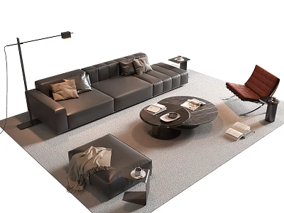 Modern Sofa and Coffee Table Set with Accent Chair Ottoman Floor Lamp and Area Rug 3d model