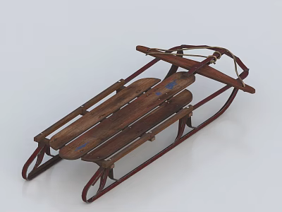 Vintage Wooden Sled With Metal Frame And Worn Retro Design Elements 3d model