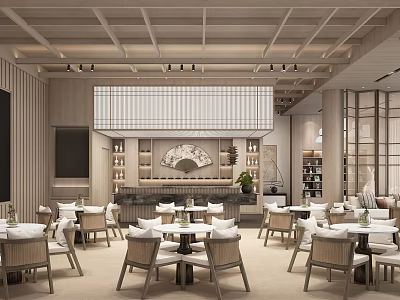 Japanese Inspired Modern Restaurant Interior With Wooden Ceiling Dining Tables Chairs And Green Plants 3d model