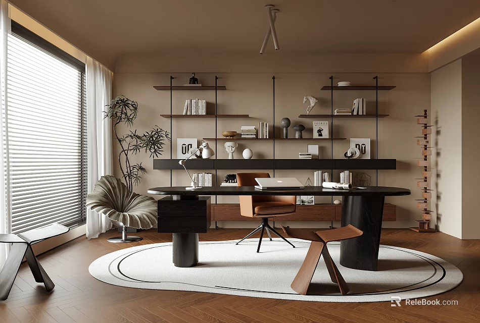 Modern Study Room Interior With Wall Shelves Desk Chair And Round Rug 3d model 