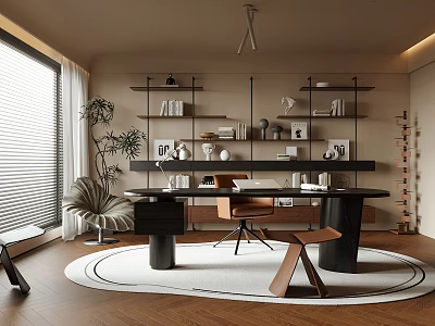 Modern Study Room Interior With Wall Shelves Desk Chair And Round Rug 3d model