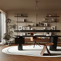 Modern Study Room Interior With Wall Shelves Desk Chair And Round Rug