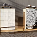 Modern Entryway Console And Side Cabinet Featuring Decorative Ornaments Gold Legs And Patterned Panels