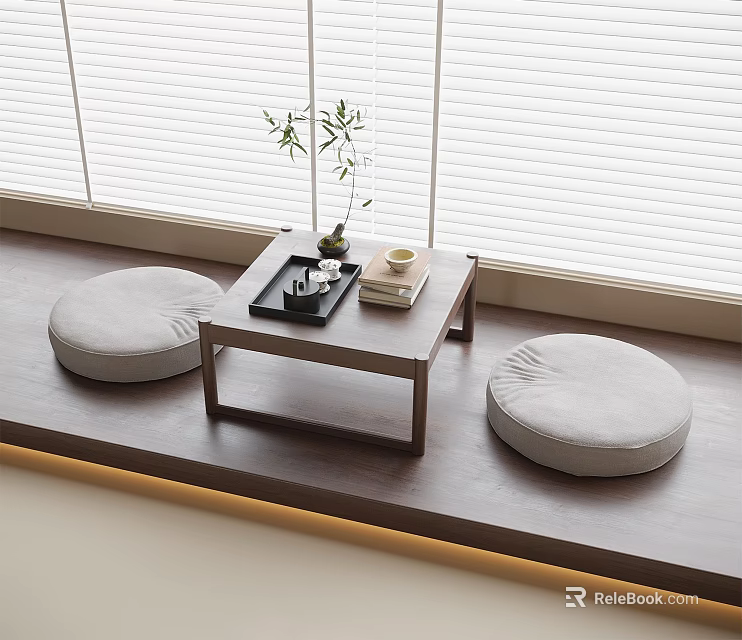 Minimalist Modern Tea Table With Round Floor Cushions Tea Set And Small Plant By Window 3d model 