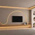 Modern TV Wall Design With Curved LED Strips Platform Flat Screen TV And Display Cabinets