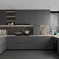 Modern Gray Kitchen Interior With Cabinets Countertop And Window Blinds 3d model