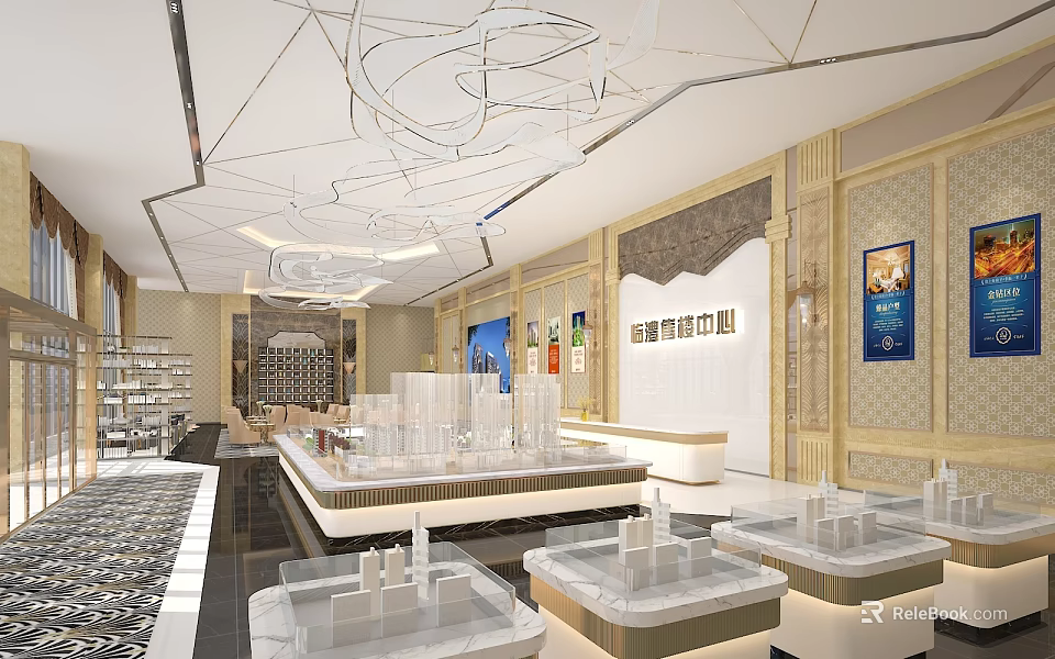 Modern Property Sales Office With Building Models Display Tables And Elegant Ceiling Design 3d model