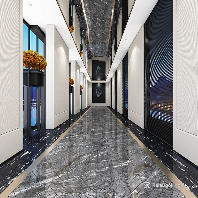 Modern Luxurious Office Hallway With Marble Floor Yellow Flowers Large Windows And Decorative Ceiling 3d model 