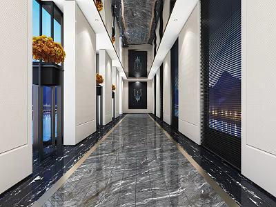 Modern Luxurious Office Hallway With Marble Floor Yellow Flowers Large Windows And Decorative Ceiling 3d model