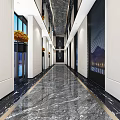 Modern Luxurious Office Hallway With Marble Floor Yellow Flowers Large Windows And Decorative Ceiling