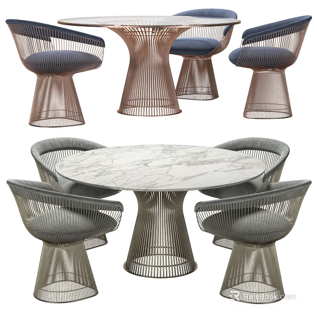 Round Marble Top Dining Table Set with Metal Frame and Woven Upholstered Chairs 3d model 