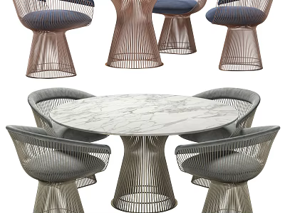 Round Marble Top Dining Table Set with Metal Frame and Woven Upholstered Chairs 3d model