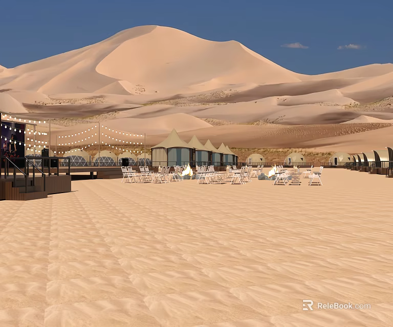 Desert Garden Landscape With Tents Outdoor Seating String Lights And Scenic Sand Dune Backdrop 3d model 