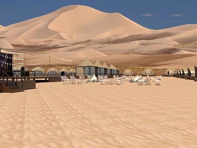Desert Garden Landscape With Tents Outdoor Seating String Lights And Scenic Sand Dune Backdrop 3d model