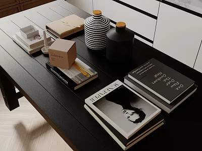 Modern Minimalist Tabletop Display With Books Boxes Striped Vase And Black Jar 3d model