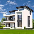 Modern Detached Villa With White Exterior Black Roof Large Windows Swimming Pool And Green Lawn