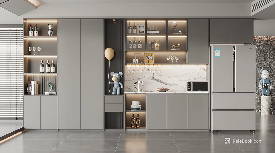 Elegant Modern Wine Cabinet Interior Design With Marble Countertop And Gray Cabinets 3d model 