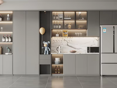 Elegant Modern Wine Cabinet Interior Design With Marble Countertop And Gray Cabinets 3d model