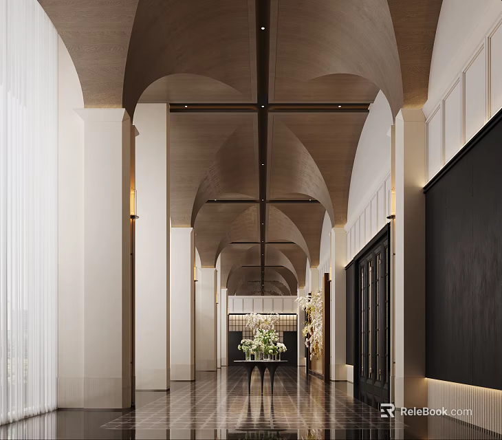 Modern Luxury Hotel Corridor With Arched Wooden Ceiling And Exquisite Floral Decorations Creates Elegant Vibe 3d model 