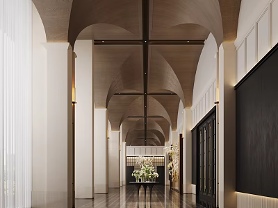 Modern Luxury Hotel Corridor With Arched Wooden Ceiling And Exquisite Floral Decorations Creates Elegant Vibe 3d model