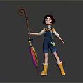 Animated Girl with Short Red Hair Blue Overalls Yellow Rain Boots Holding Colorful Umbrella 3D